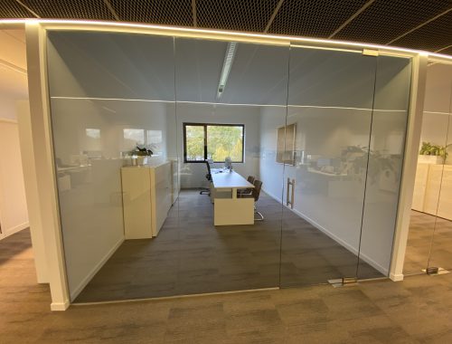 Een fris ontwerp van een kantoorruimte met glazen wanden en planten